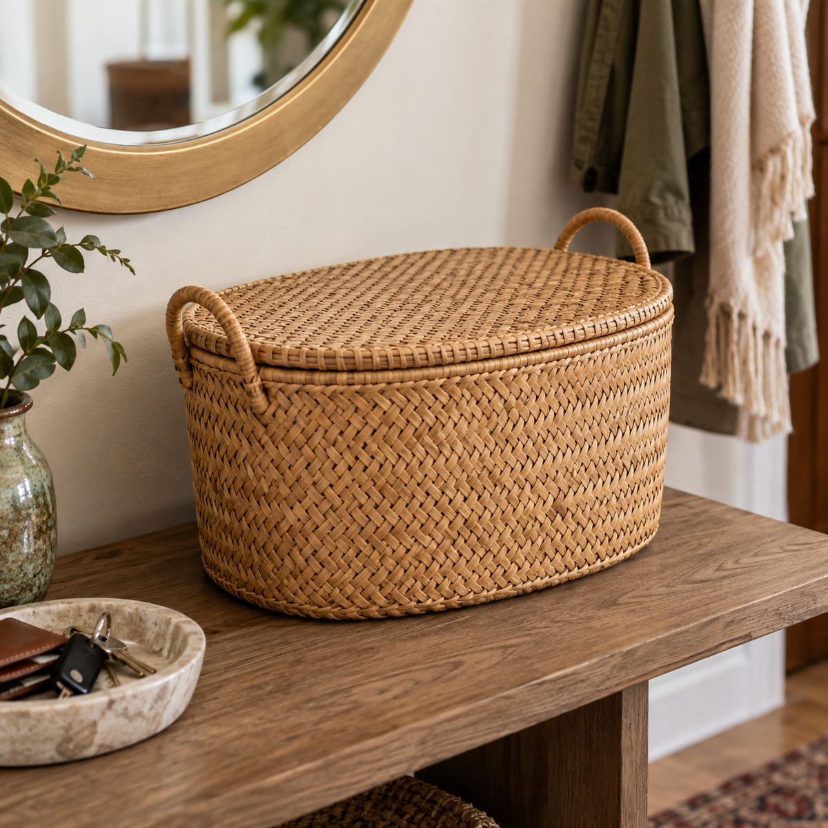 Oval Rattan Storage Basket with Lid