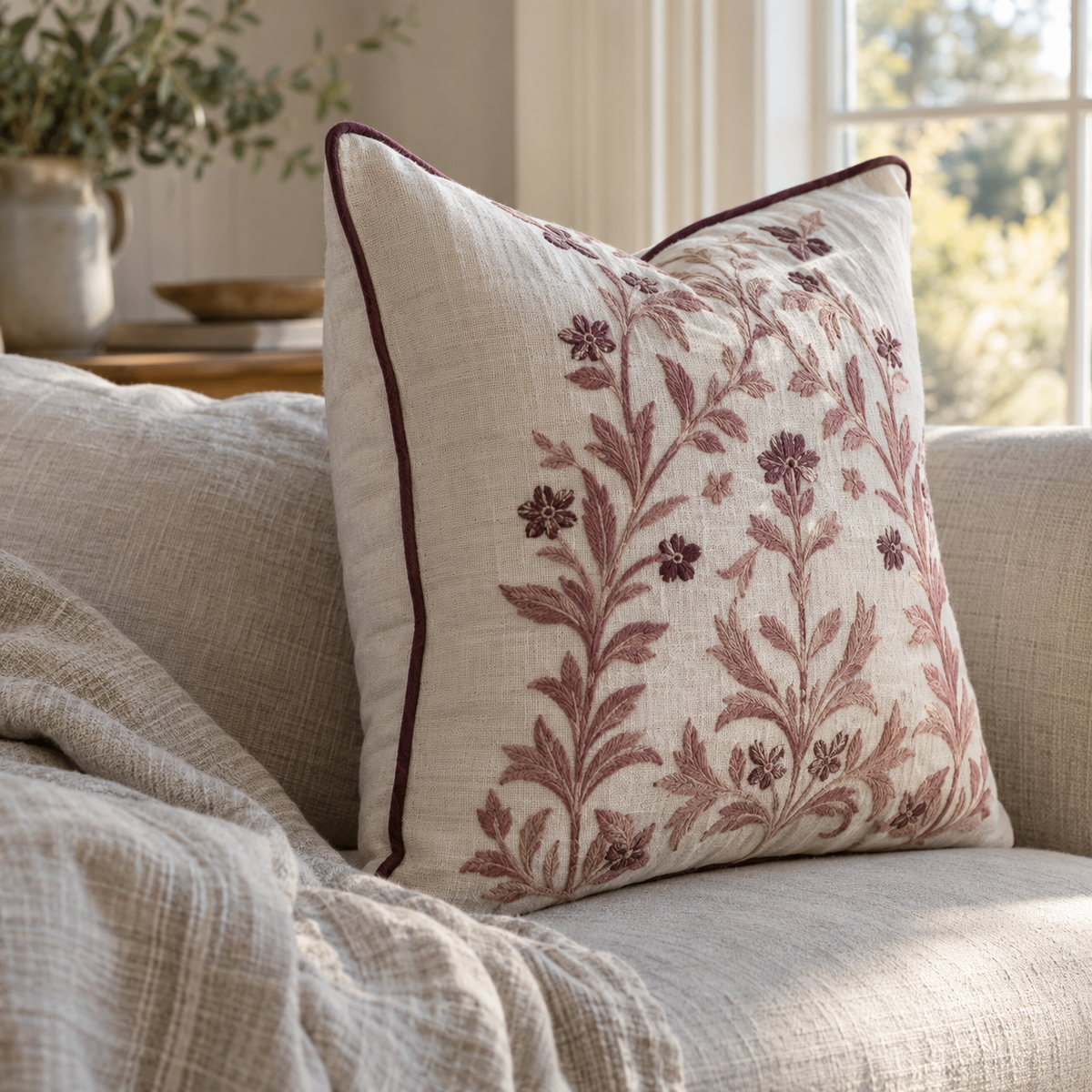 Botanical Embroidered Linen Pillow Cover