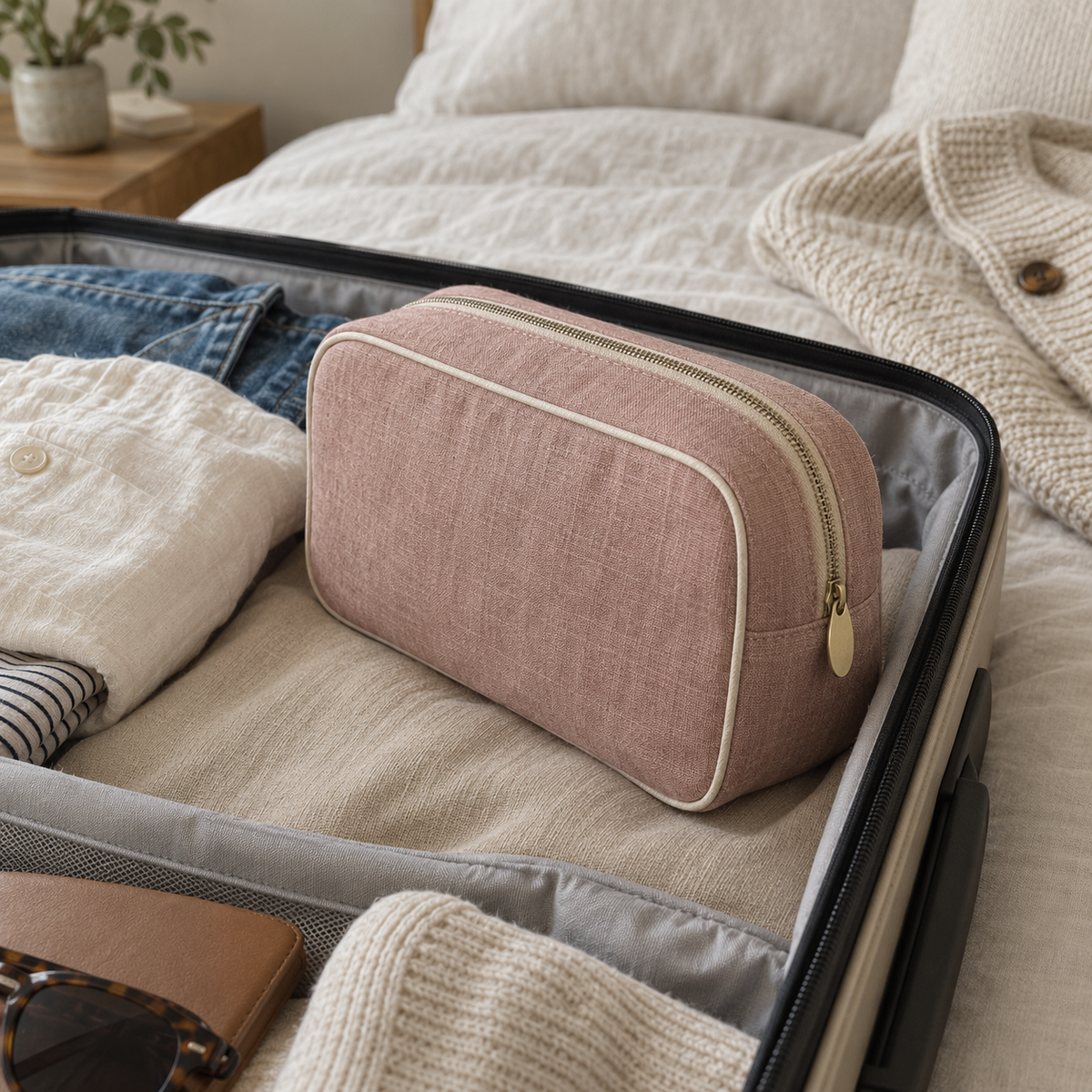 Washed Linen Cosmetic Pouch