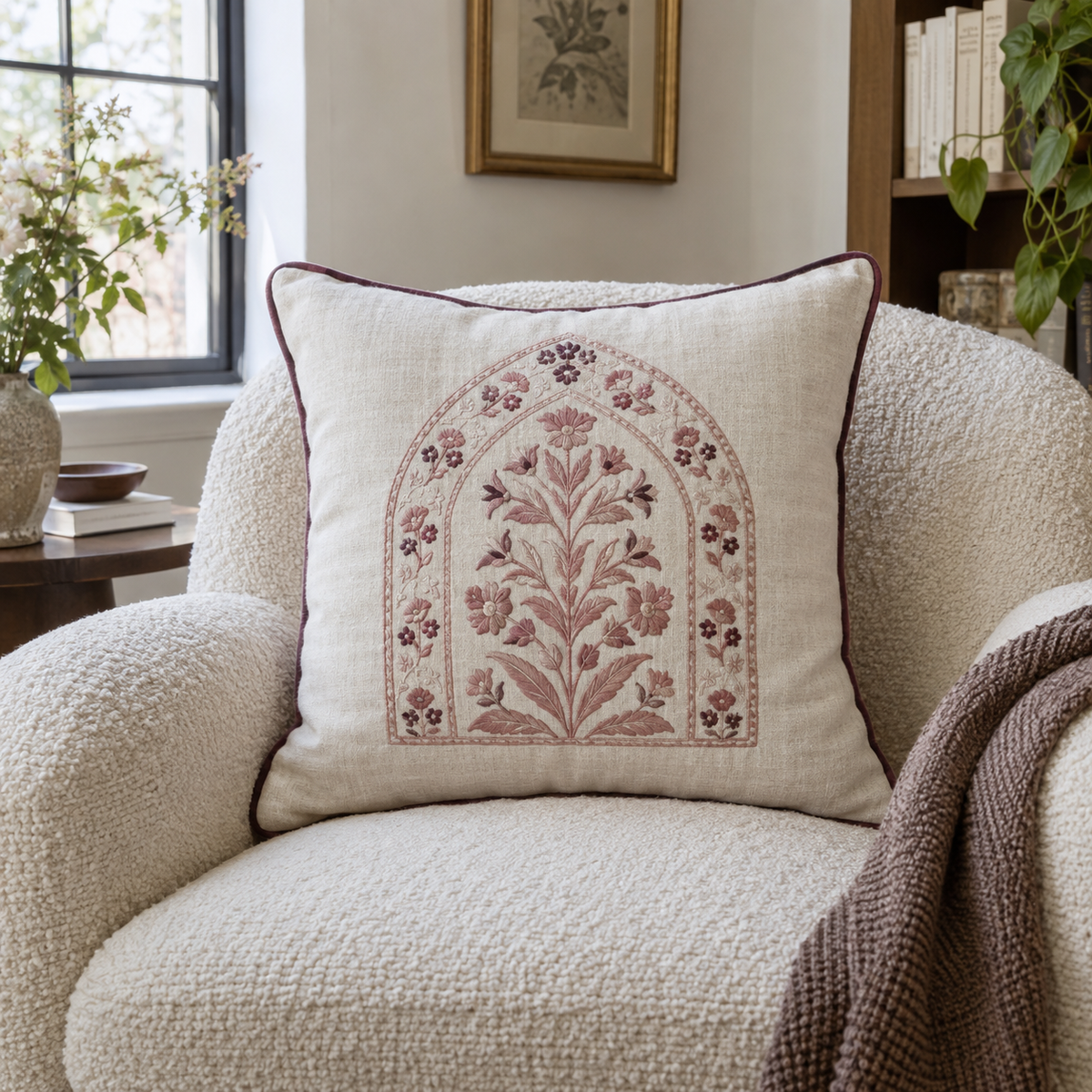 Botanical Embroidered Linen Pillow Cover