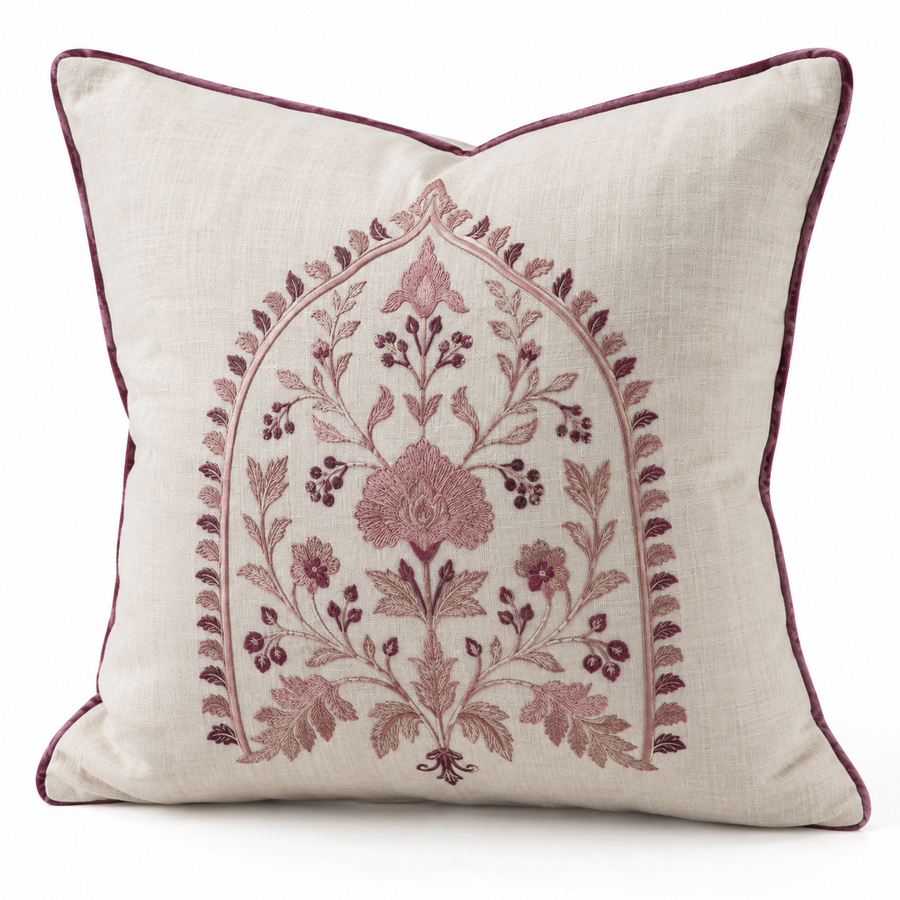 Botanical Embroidered Linen Pillow Cover