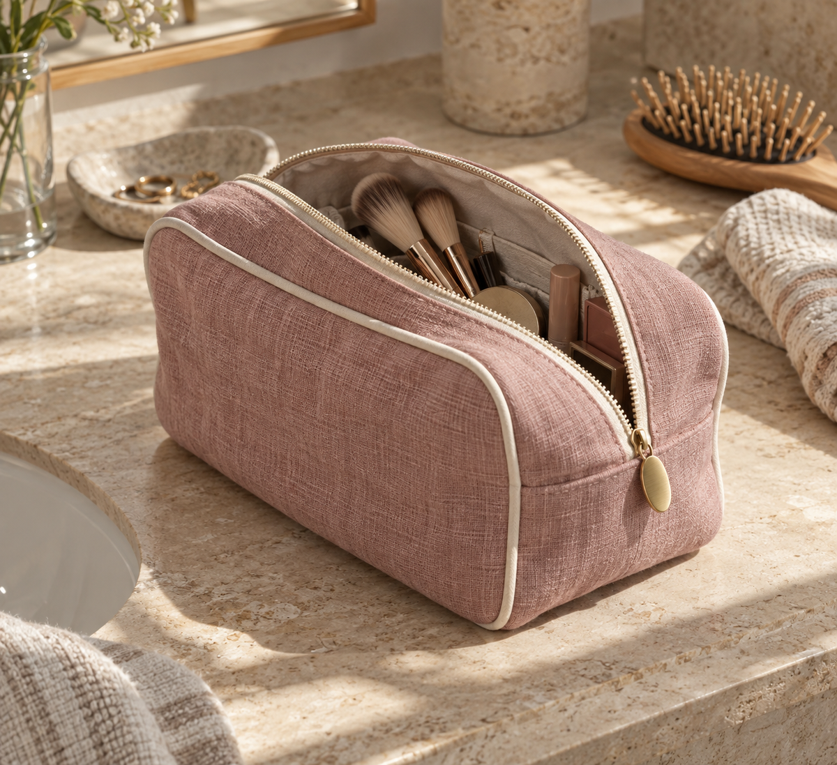 Washed Linen Cosmetic Pouch