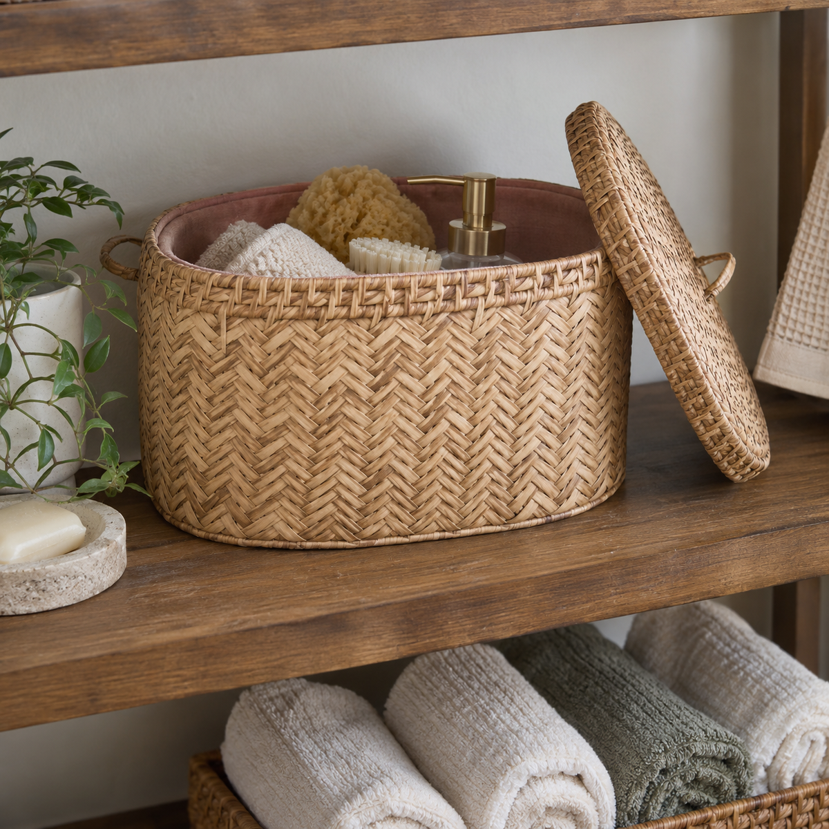 Oval Rattan Storage Basket with Lid