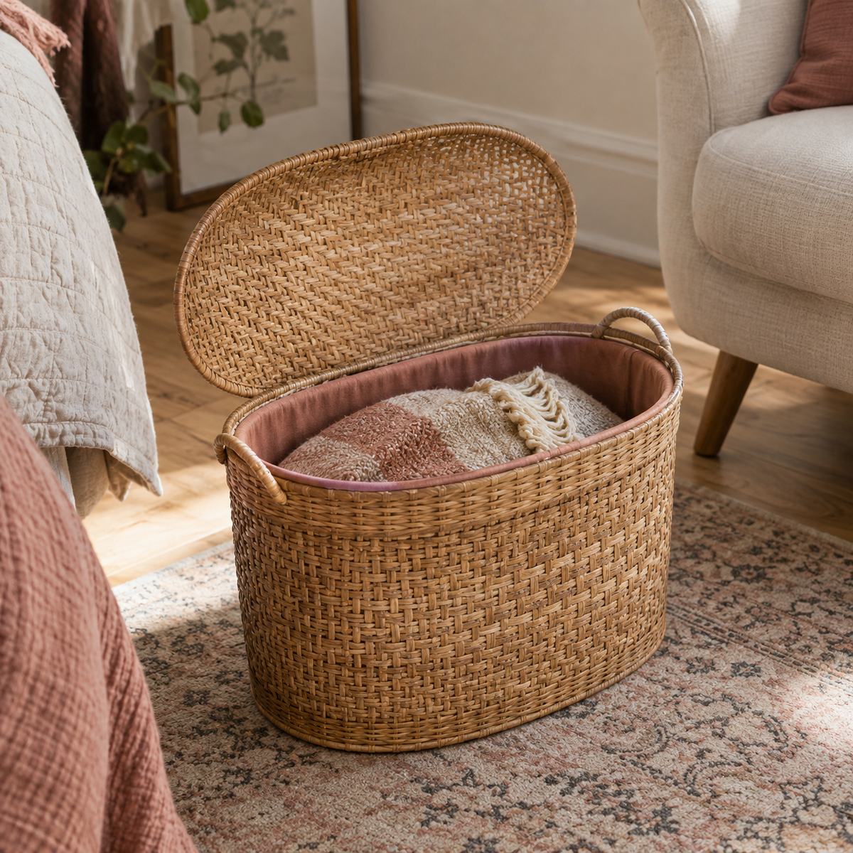 Oval Rattan Storage Basket with Lid