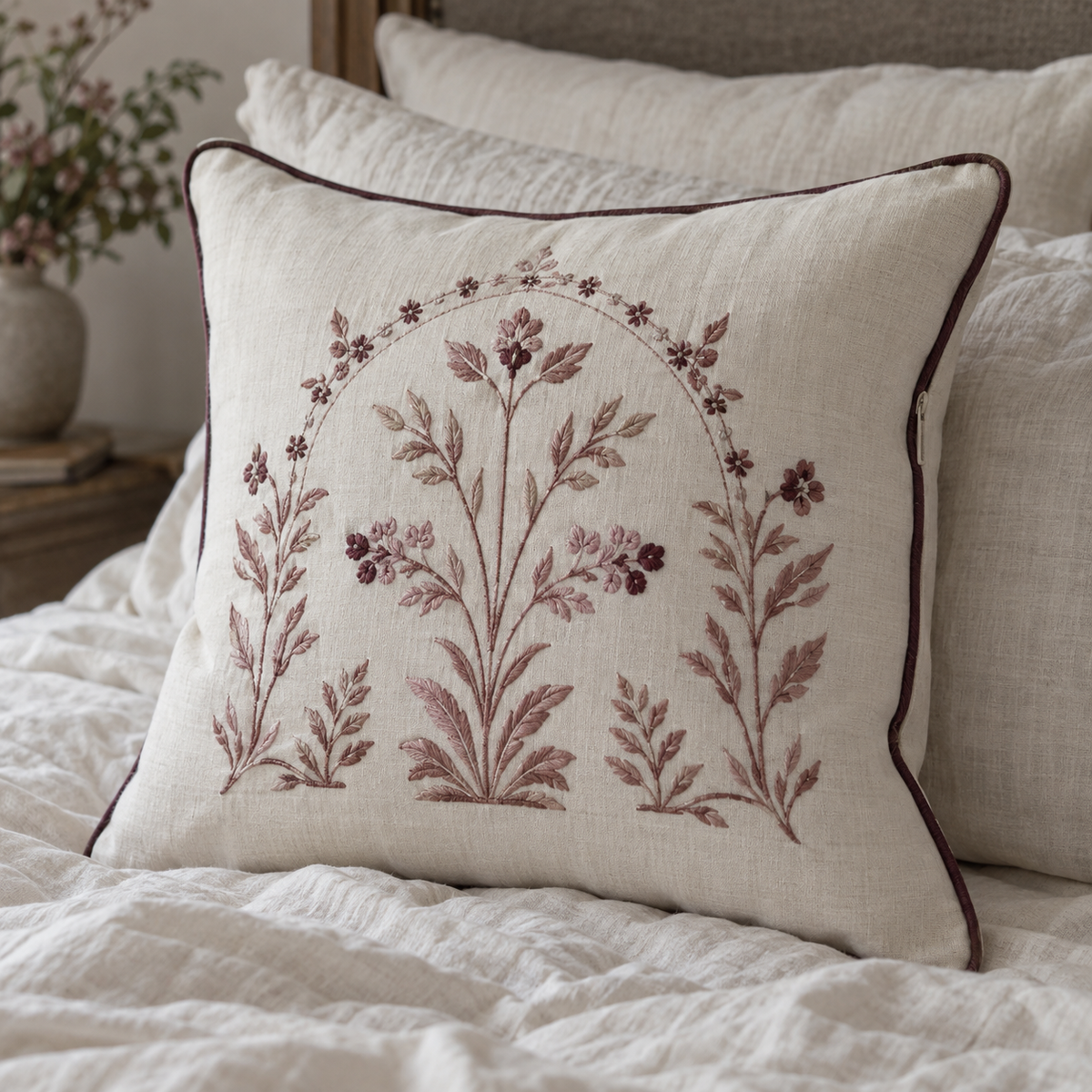 Botanical Embroidered Linen Pillow Cover